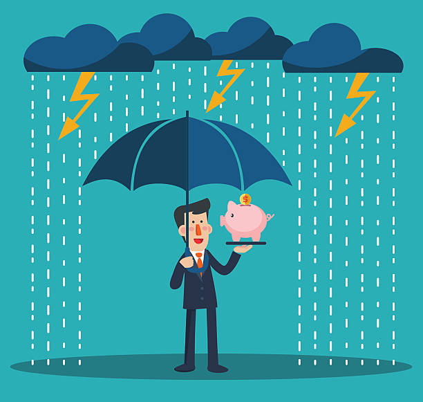illustrazioni stock, clip art, cartoni animati e icone di tendenza di uomo d'affari sorridente in piedi con ombrello sotto temporale che protegge casa - insurance rain insurance agent umbrella