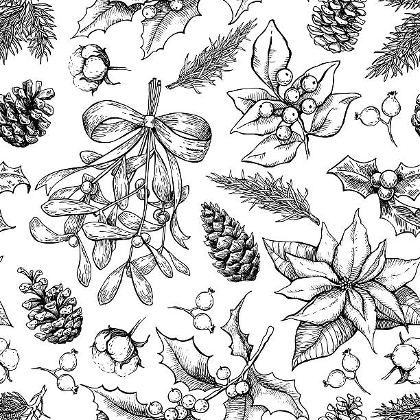 Christmas botanical seamless pattern. Hand drawn vector backgrou Christmas botanical seamless pattern. Hand drawn vector background. Xmas plants. Holiday engraved decorations. Holly, mistletoe, poinsettia, fir tree, pine cone, cotton,berry Great for holiday decor monoprint stock illustrations