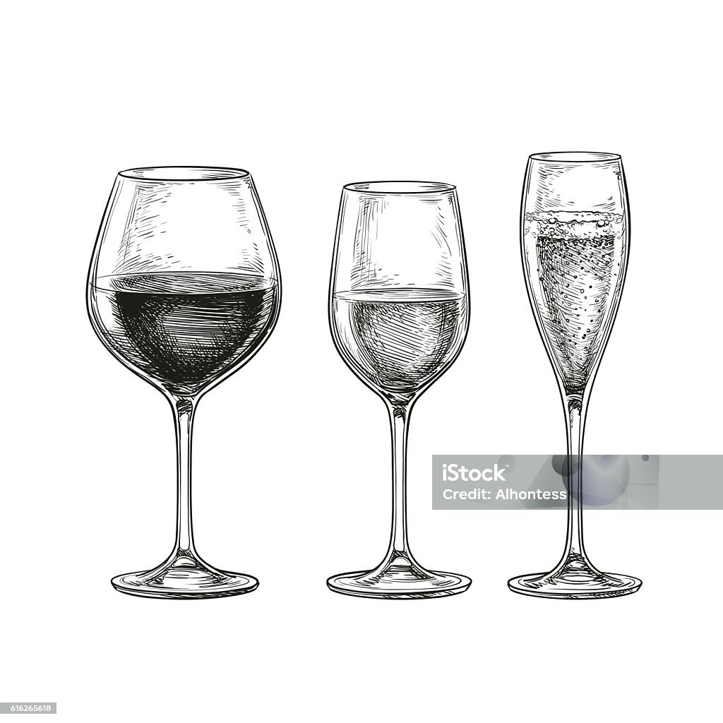 Set of wine glasses. Set of wineglasses. Red wine, white wine and champagne. Isolated on white background. Hand drawn vector illustration. Retro style. Wineglass stock vector