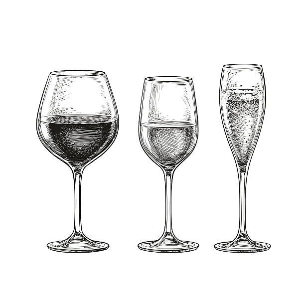 Set of wine glasses. Set of wineglasses. Red wine, white wine and champagne. Isolated on white background. Hand drawn vector illustration. Retro style. wine illustrations stock illustrations