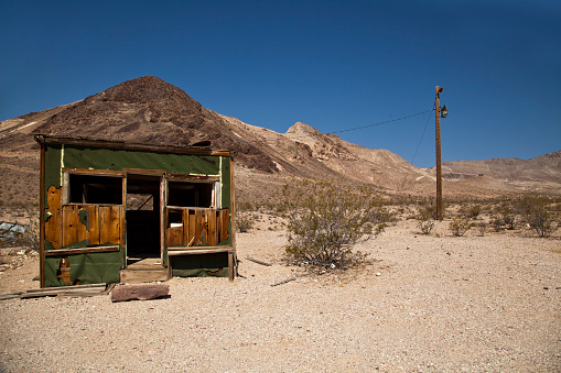 Old abandoned shack at Rhyolite Ghost Town in the Nevada Desert 