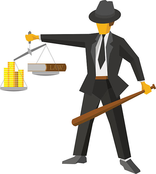 ilustrações de stock, clip art, desenhos animados e ícones de retro mafia man with balance, like a god of justice - gavel judge human hand court