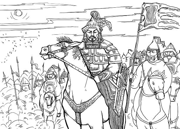 Khan Mongolian nomad on horseback and his horde Figure fearsome Mongol Khan in national clothes with rich ornament and embroidery on the horse in a rich harness with a quiver of arrows, armed nomadic horde to the flag mongolian ethnicity stock illustrations