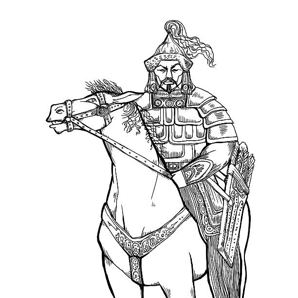 Khan Mongolian nomad on horseback Figure fearsome Mongol Khan in national clothes with rich patterns and embroidery on the horse in a rich harness with a quiver of arrows mongolian ethnicity stock illustrations