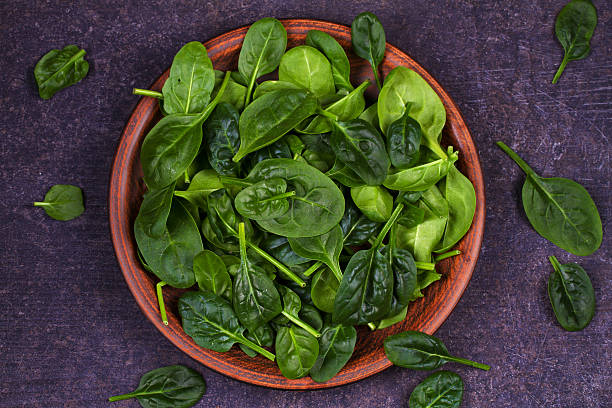 istock Green fresh spinach in rustic plate on dark wooden background 616863350