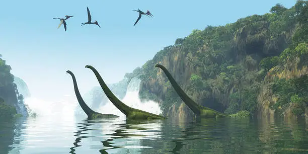 Two Mamenchisaurus dinosaur adults escort a youngster across a river as Pterodactylus birds search for fish prey.