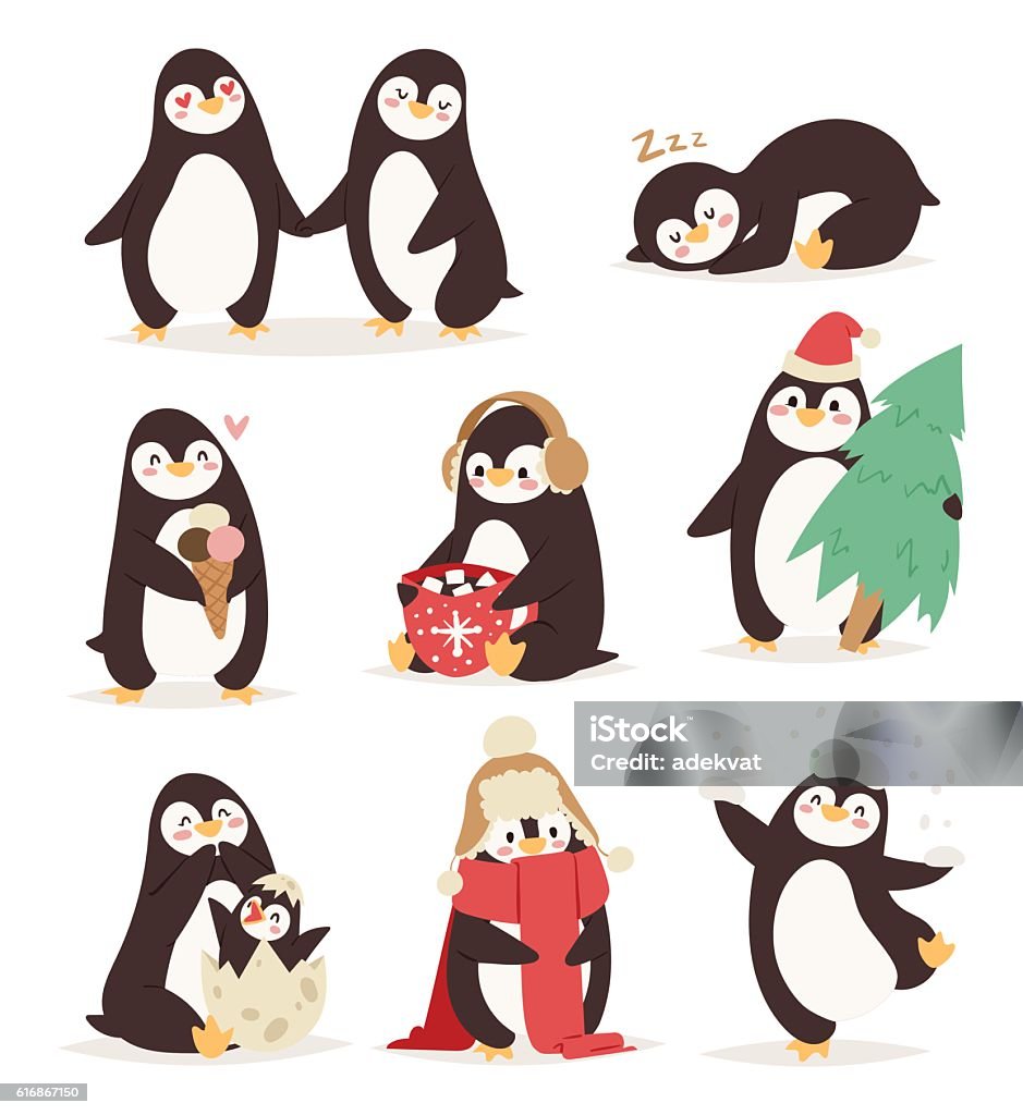 Penguin set vector characters Penguin set vector illustration character. Cartoon funny penguins different situations. Penguin vector cute birds posing. Christmas holiday penguins Penguin stock vector