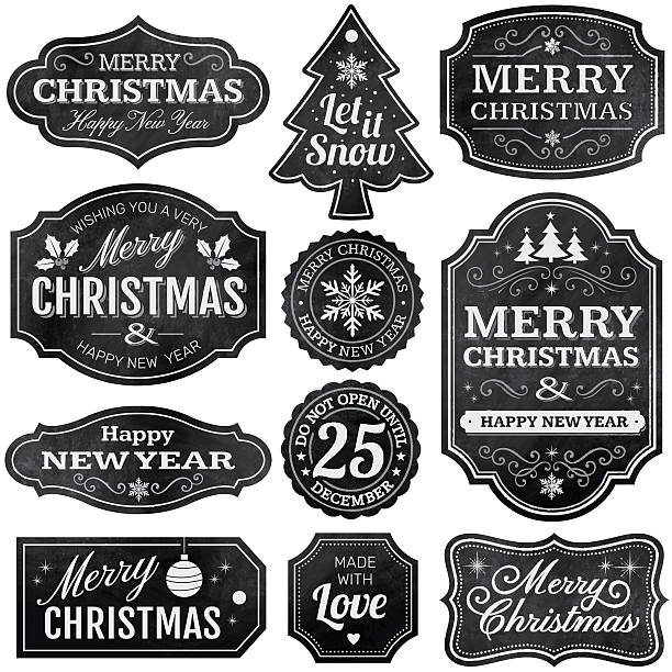 illustrazioni stock, clip art, cartoni animati e icone di tendenza di etichette della lavagna di natale - blackboard christmas retro revival old fashioned