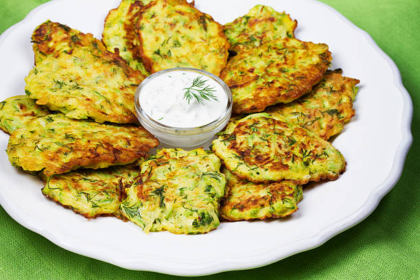 istock Zucchini Pancakes With  Sour Cream in White Plate. 616871666