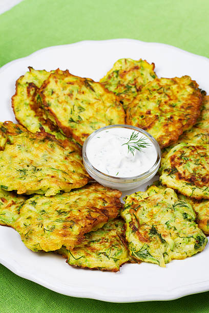 istock Zucchini Pancakes With  Sour Cream in White Plate. 616871800