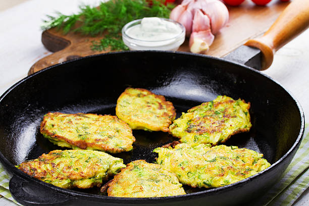 istock Zucchini Pancakes With  Sour Cream in Pan 616872562