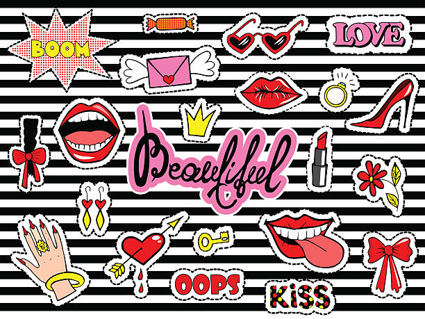 ilustrações de stock, clip art, desenhos animados e ícones de cute fashion patch badges with lips, heart, ring, sweet, lipstick - earring multi colored shoe jewelry