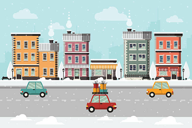 bildbanksillustrationer, clip art samt tecknat material och ikoner med winter urban landscape - vinter väg bil