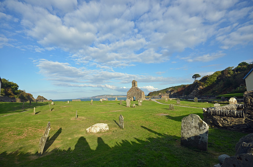 Wide angle view of the church at Cwm-yr-Eglwys, Wales