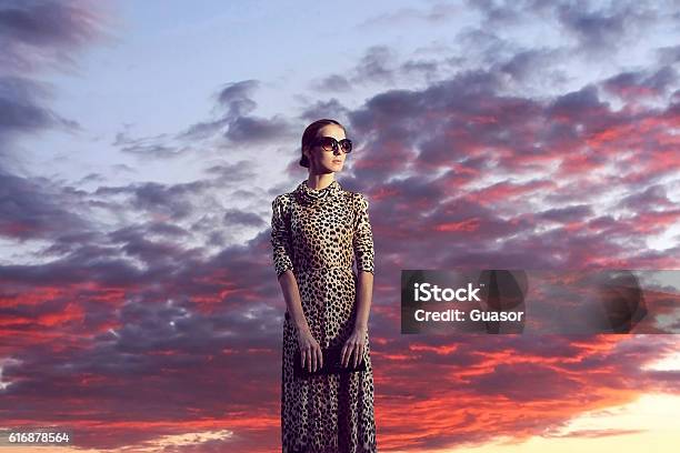 Fashion Woman In Dress Leopard Over Sunset Sky Clouds Landscape Stock Photo - Download Image Now