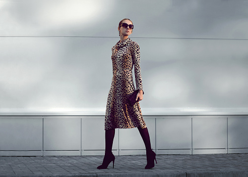 Elegant woman model in leopard dress walking in evening city, street fashion concept