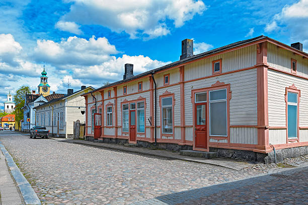 Wooden buildings, architecture, streets in Old Town in Rauma, one of the oldest harbours in Finland. Situated on the Gulf of Botnia.