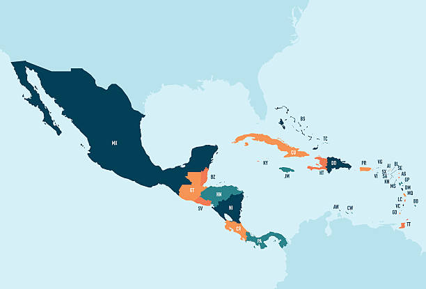 Central America & Caribbean Vector Map Colorful stylized vector map of Central America & the Caribbean with country name abbreviation labels. Countries can be individually selected. caribbean stock illustrations