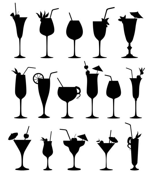 ilustraciones, imágenes clip art, dibujos animados e iconos de stock de conjunto de siluetas de copa de cóctel. iconos de bebidas de cóctel. - refreshment drink drinking straw cocktail