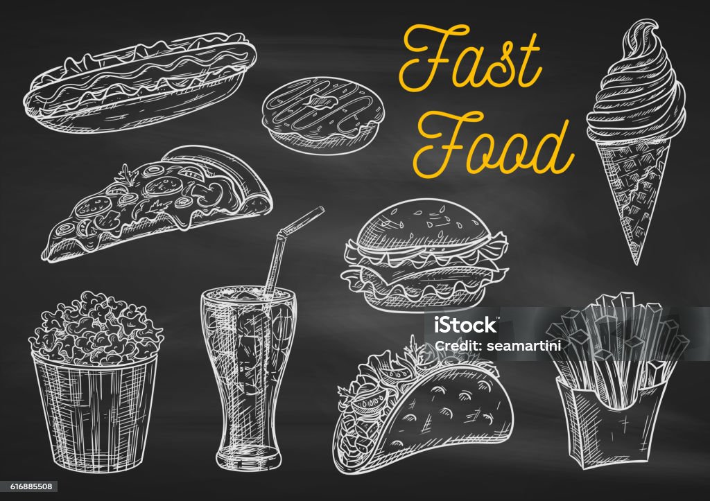 Fast food snacks and drinks chalk sketch icons Fast food chalk sketch icons on blackboard. Snacks, desserts, drinks. Isolated vector french fries in box, pizza slice, soda coke, cheeseburger, hamburger, hot dog, ice cream, popcorn, tacos donut Chalk Drawing stock vector