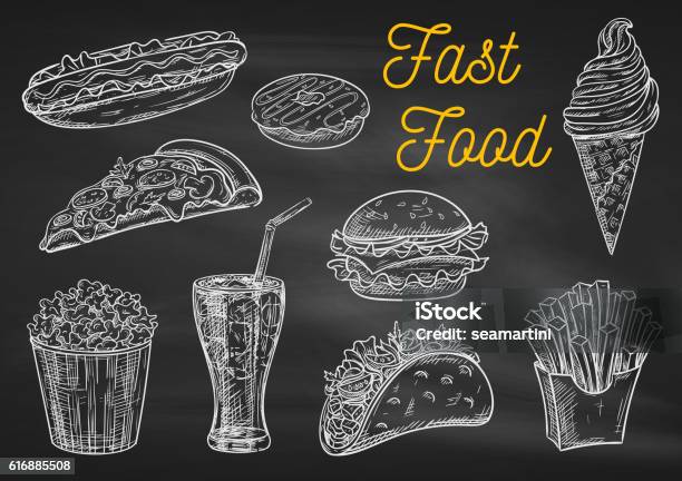 Fast Food Snacks And Drinks Chalk Sketch Icons Stock Illustration - Download Image Now - Chalk Drawing, Chalkboard - Visual Aid, Burger