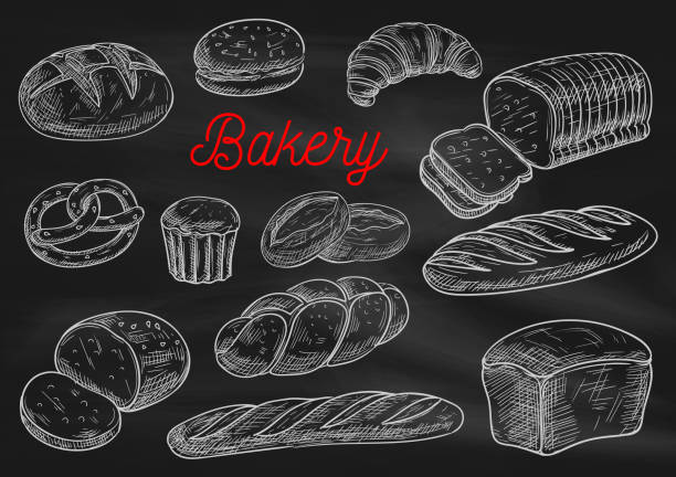 illustrations, cliparts, dessins animés et icônes de croquis à la craie de produits de boulangerie sur tableau noir - bagel bread isolated baked