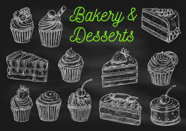 ilustraciones, imágenes clip art, dibujos animados e iconos de stock de iconos de bocetos de tiza de panadería y postres - muffin blueberry muffin cake pastry