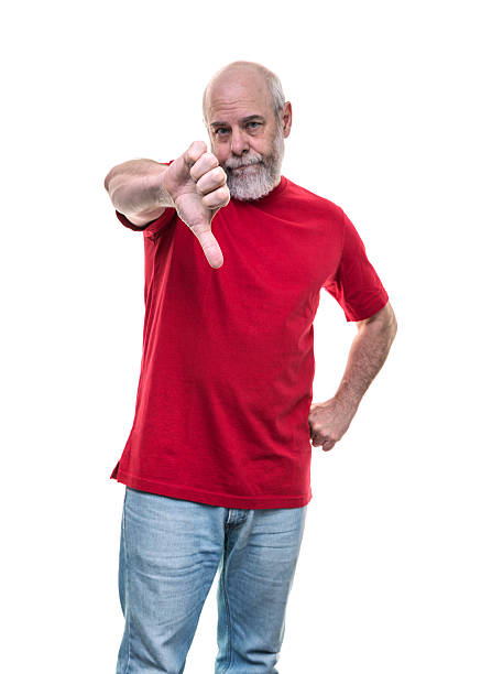 istock Adult Red Shirt Man Thumbs Down Hand Gesture 616887652