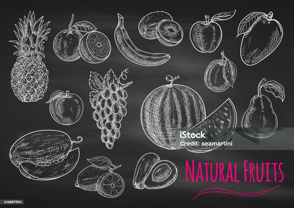 Fruits chalk sketch icons on blackboard Fruits chalk sketch on blackboard. Isolated vector icons of exotic and tropical pineapple, orange, apple, melon, lemon, banana, grape, avocado, watermelon, kiwi, apricot peach mango pear plum Fruit stock vector