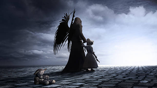 little girl and angel - morbid angel stok fotoğraflar ve resimler