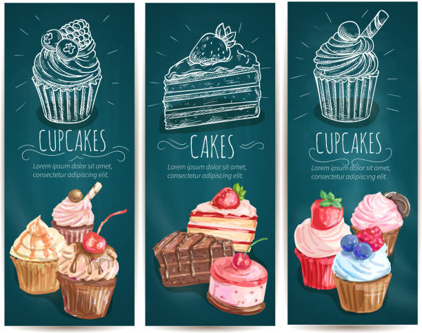 ilustraciones, imágenes clip art, dibujos animados e iconos de stock de cupcakes, pasteles pasteles postres banners - muffin blueberry muffin cake pastry