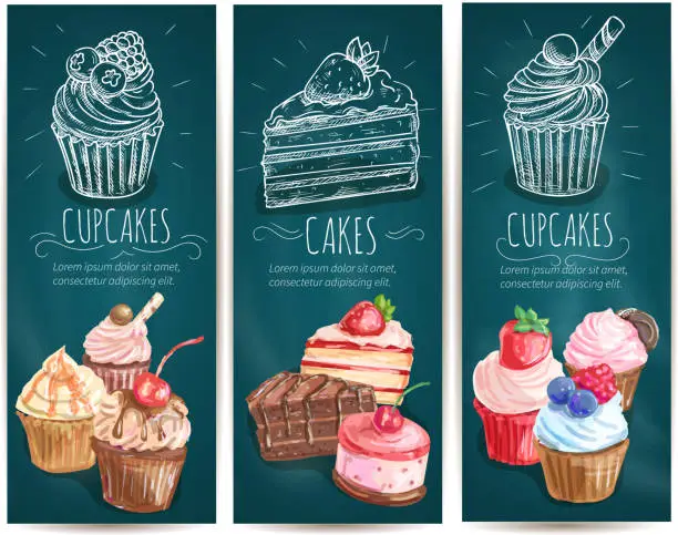 Vector illustration of Cupcakes, cakes pastries desserts banners