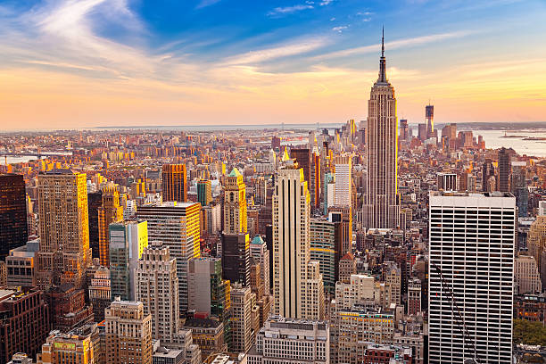 istock Aerial view of Manhattan at sunset 616891078