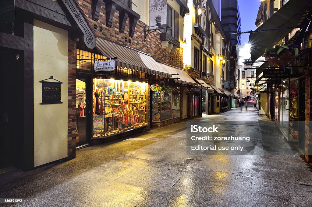 London Court Shopping Arcade at Night Perth, Australia - October 8, 2016: London Court shopping arcade is a open air shopping arcade. There are a wide range of souvenirs, as well as retail services and cafes. Perth, Western Australia, Australia. City Stock Photo London Court Shopping Arcade at Night Perth, Australia - October 8, 2016: London Court shopping arcade is a open air shopping arcade. There are a wide range of souvenirs, as well as retail services and cafes. Perth, Western Australia, Australia. City Stock Photo