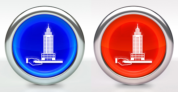Building Model Icon on Button with Metallic Rim. The icon comes in two versions blue and red and has a shiny metallic rim. The buttons have a slight shadow and are on a white background. The modern look of the buttons is very clean and will work perfectly for websites and mobile aps.