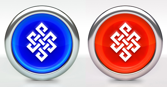 Buddist Icon on Button with Metallic Rim. The icon comes in two versions blue and red and has a shiny metallic rim. The buttons have a slight shadow and are on a white background. The modern look of the buttons is very clean and will work perfectly for websites and mobile aps.