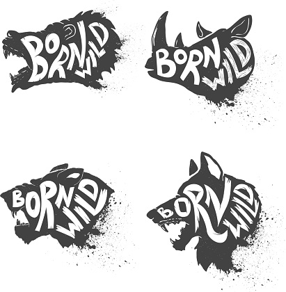 Born wild. Wild animals heads with hand drawn lettering on white background. Puma head. Rhino head. Wolf head. Bear head. T-shirt print template.