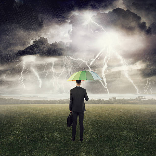 istock Businessman standing under an umbrella in field 616892846