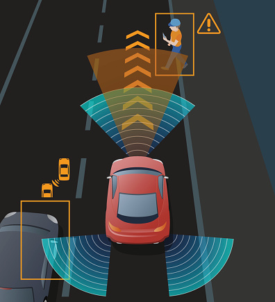Advanced Driving Assistant System (ADAS), Blind Spot Monitoring, automobile sensing technology,  top view, vector illustrationyoung female with a bad sunburn on her back