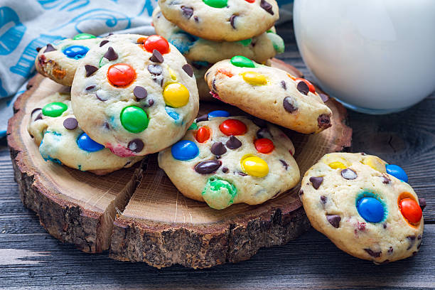 Shortbread cookies with multi-colored candy and chocolate chips, horizontal stock photo