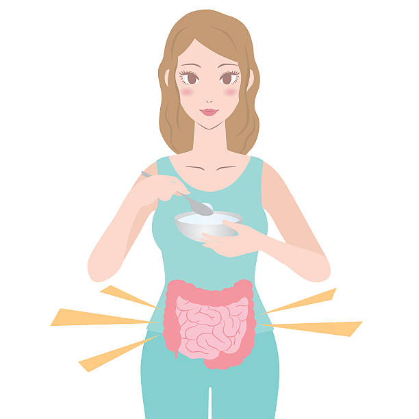 young woman who eats yogurt, probiotics image young woman who eats yogurt,probiotics image visual, vector illustration brain eater stock illustrations