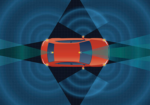 ilustrações de stock, clip art, desenhos animados e ícones de remote sensing system of vehicle. various cameras and sensors - multiple lane highway