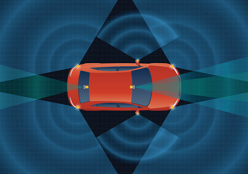 Remote Sensing System of Vehicle. various cameras and sensors, smart car, safety car, autonomous car, top view, vector illustration