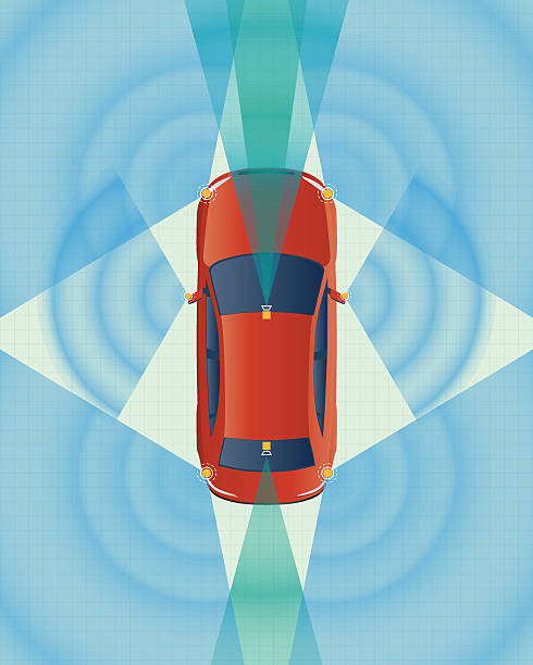 ilustrações de stock, clip art, desenhos animados e ícones de remote sensing system of vehicle. various cameras and sensors - multiple lane highway