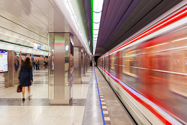 Prague, Czech Republic - September 23, 2015: Modern station of Prague metro - 65.2 kilometres long, founded in 1974, has 3 lines and 61 stations. Its is fifth busiest metro system in Europe.