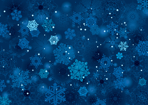 Vector illustration of abstract snow background winter night design in blue and white with lots of snowflakes, stars and blurred circles falling on the entire image.Clipping path and transparency on the file.File contain EPS8 and large JPEG. 