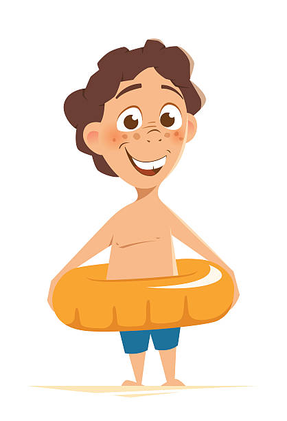 노란 수영 반지와 함께 서있는 행복한 미소 소년 아이 아이 - swimming pool child water park inflatable stock illustrations