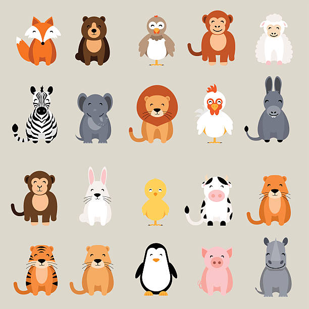 귀여운 동물 세트. 여우, 곰, 수탉, 사자, 코뿔소, 소, 얼룩말 - cute cow vector animal stock illustrations