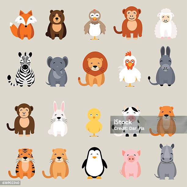 Cute Animal Set Fox Bear Rooster Lion Rhino Cow Zebra Stock Illustration - Download Image Now