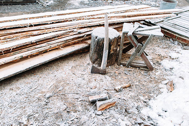 istock Firewood chopping workplace frosted by snow 616905746